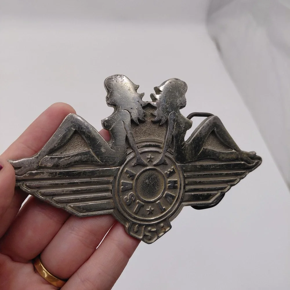 Vintage 2004 Fast Lane USA Fine Pewter Belt Buckle Mudflap Girl Wings Biker Y2K